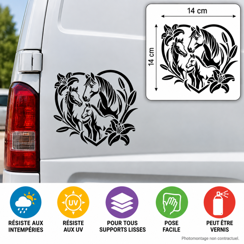 Sticker autocollant vinyle chevaux et lys 14 × 14 cm
