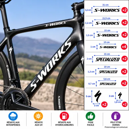 Sticker autocollant vinyle Kit de 20 stickers autocollants vinyle Specialized S-WORKS adaptable 3,2 × 31 cm