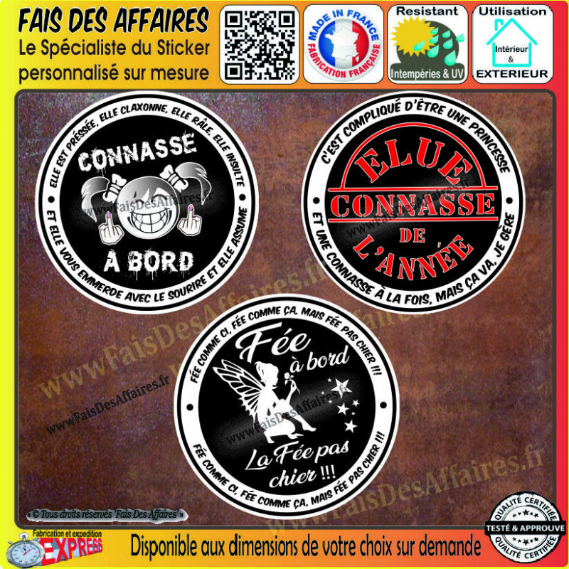 3 stickers Connasse à bord humour 8 cm | Fais des Affaires