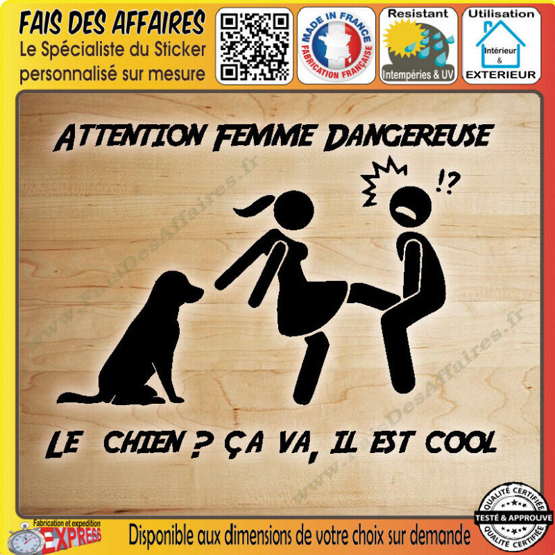Sticker – Chien dangereux non, femme dangereuse dog sticker autocollant | Fais des Affaires