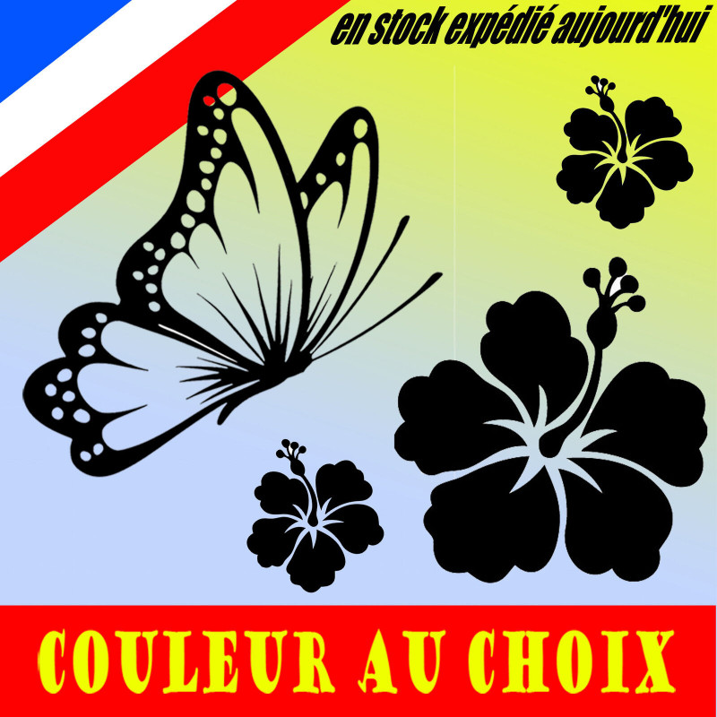Papillon fleur hibiscus 4 sticker autocollant