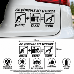 Sticker Ce véhicule est hybride, vinyle noir 20 × 10 cm sur carrosserie, vue entière et cinq pictogrammes de caractéristiques