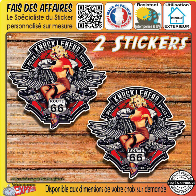 2 Stickers autocollant pin-up knucklehead bobber moto cycle old school route 66